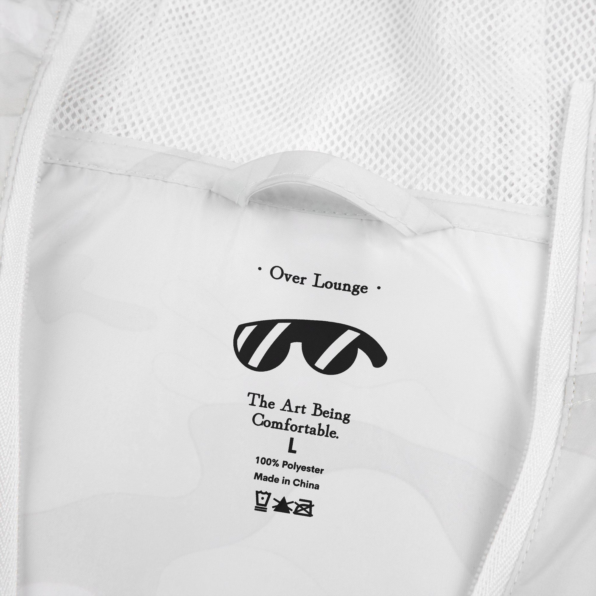 White Camo Windbreaker Jacket with Over Lounge Logo — Lightweight Hooded Zip-Up