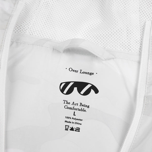 White Camo Windbreaker Jacket with Over Lounge Logo — Lightweight Hooded Zip-Up