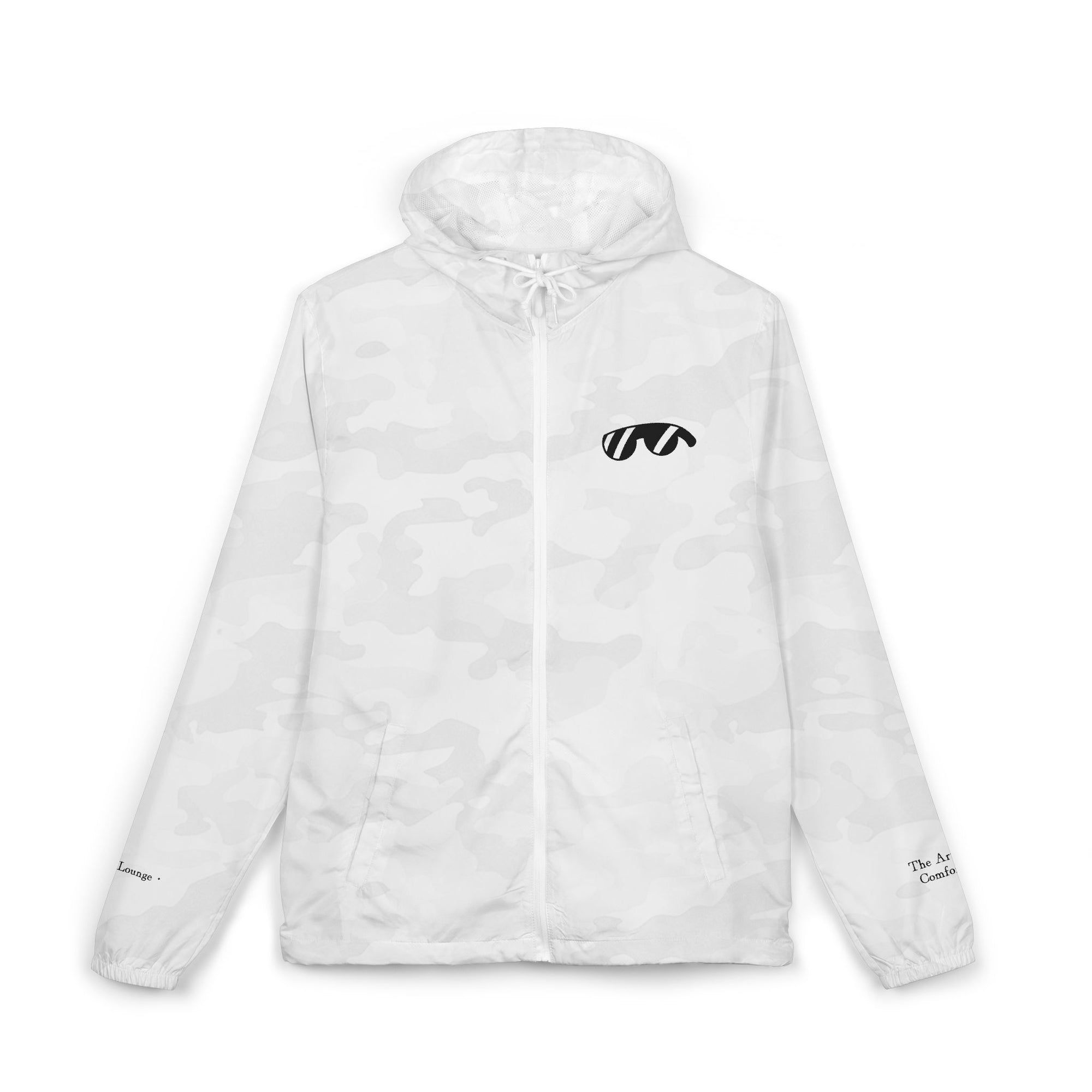 White Camo Windbreaker Jacket with Over Lounge Logo — Lightweight Hooded Zip-Up